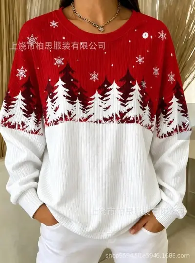 Kadın retro Noel baskılı sweatshirt, yuvarlak yaka, sonbahar ve kış - 7