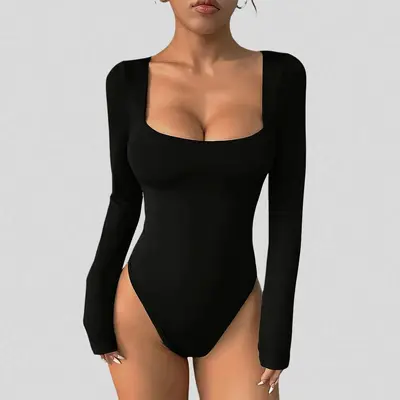 Kadın uzun kollu tek parça yoga tulumu, kare yaka, dar kesim fitness jumpsuit - 7