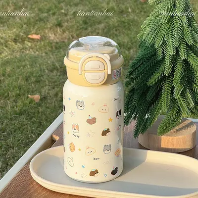 Karikatür Bebek Termos Bardak 316 Paslanmaz Çelik Pipetli Çocuk Su Bardağı - 13