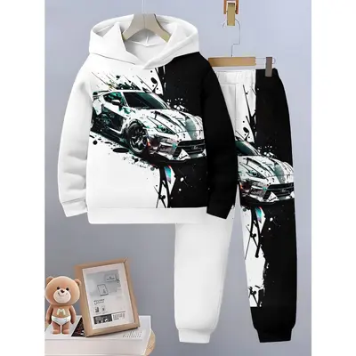 Boys' Hooded Sweatshirt Set, Spring Autumn Printed Two-Piece Casual Kidswear - 13