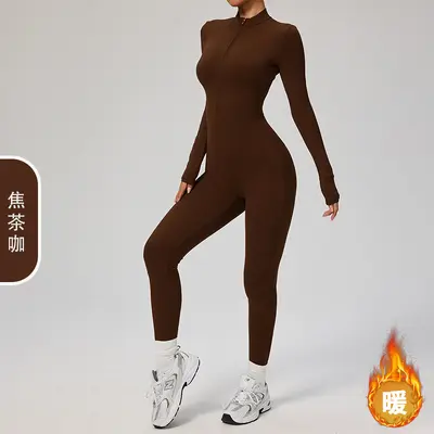 Uzun Kollu Fermuarlı Yoga Tulumu Fitness Spor Tulumu İnce Polar 8445 - 6