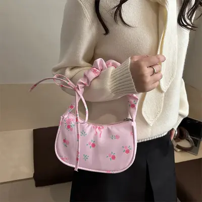 Pleated Bow Print Women's Shoulder Bag, Korean Style Underarm Bag - 4