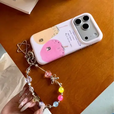Pastel pink plaid chain phone case, star design, compatible iPhone 16-18 Pro Max