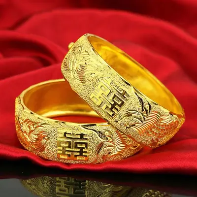 真金电镀结婚手镯开口宽版双喜龙凤镯子高仿金女新娘婚庆金猪吊牌 - 2