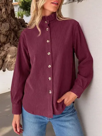 Damen-Cordhemd-Jacke in Uni mit Volantkragen - 8