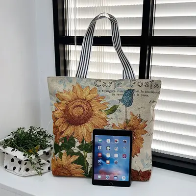 Gold Silk Fabric Women's Canvas Tote Bag with Creative Pattern - 4