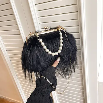 Retro Plush Women's Bag, Pearl Chain, Small Square, Single Shoulder Strap - 11