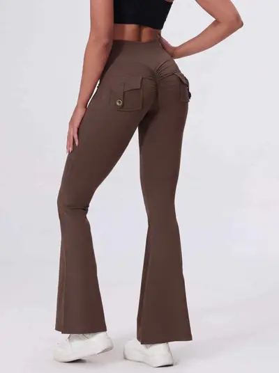Women's Yoga Pants with Cargo Pockets, Peach Hip-Lift, Flared - 8
