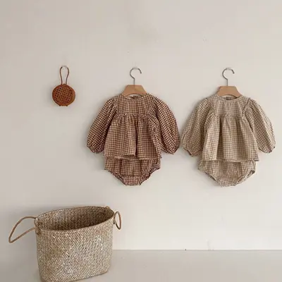 Korean-Style Baby Long-Sleeve Spring/Autumn Set with Plaid Puff-Sleeve Top