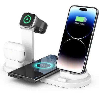 Stokta bulunan özel model 15W üçü bir arada kablosuz şarj cihazı, Apple iPhone, saat ve kulaklıklar için uygun kablosuz şarj standı.