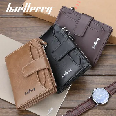 Baellerry cüzdan erkek Avrupa-Amerika retro üç katlı kısa çok kartlıklı fermuarlı çıtçıtlı yüksek kaliteli hissi veren küçük deri cüzdan