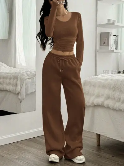 Damen Zweiteiler-Set mit Weitbeinhose, langärmlig, Herbst-Winter - 8
