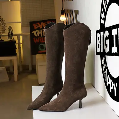 1895-8 Women's Long Boots, Thin High Heel, Pointed Toe, V-Neck Riding Boots