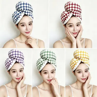 Checkered Absorbent Quick-Dry Women's Hair Cap, Thickened Hair Towel Wrap