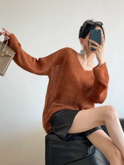 Pullover aus Alpaka- und Schafwolle, V-Ausschnitt, Rauchmelange-Garn - 3