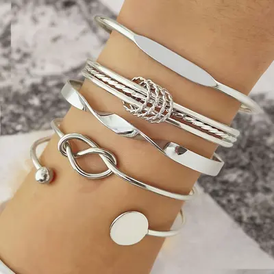 Embossed Geometric Multi-Layer Bracelet Set, 10 Pieces - 11