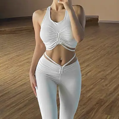 Women's Solid Color High-Waist Yoga Leggings Two-Piece Set with Chest Pads - 2