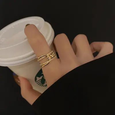 Light luxury copper-plated zircon ring, feminine and high-end, open adjustable super flash ring, simple popular ins style - 8