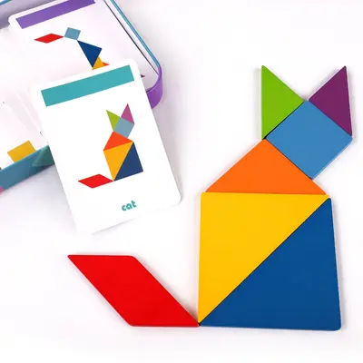 Ahşap metal kutulu tangram yapboz, manyetik eğitici yapboz, anaokulu ve ilkokul