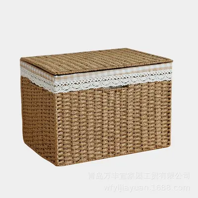 仿草带盖收纳箱杂物衣物零食收纳框收纳筐家用编织储物玩具收纳