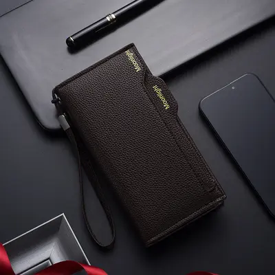 Long Men's Wallet, Soft Leather, Multi-Card Slots, Zipper - 8