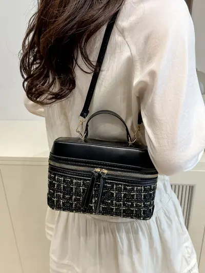 Mini Box Handbag with Wool Fabric and Chain Strap for Women - 5