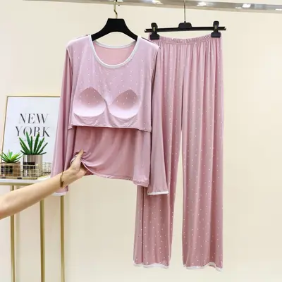 Modal Pajama Set with Polka Dots, Long Sleeve, Two-Piece with Built-in Bra - 7