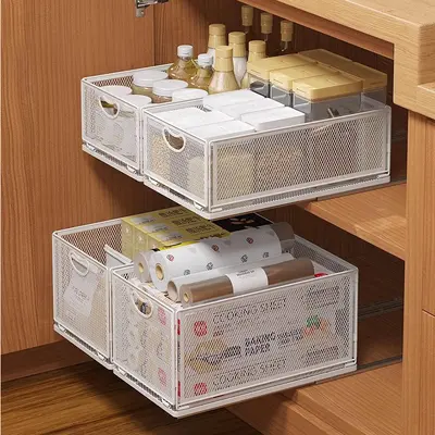 Foldable metal storage basket for kitchen and bathroom