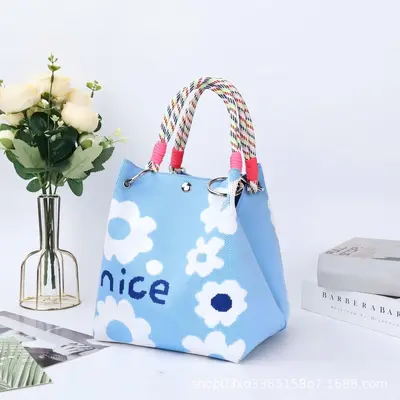 Gestrickte Damenhandtasche mit Ringgriff, kleine Stoff-Tote-Bag - 7