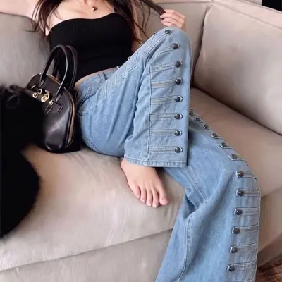 Pink Loose-Fit Jeans with Button Detail, Versatile Everyday Style - 7