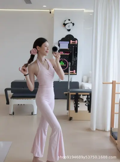 女高腰提臀春夏裸感无痕无尴尬线瑜伽裤阔腿运动健身长喇叭裤 - 9