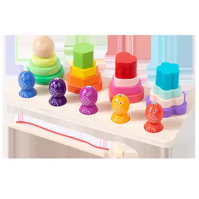 Çocuk Montessori öğretim yardımcıları ahşap geometrik şekil balıkçılık seti sütun bilişsel yapı taşları eşleşen aile interaktif eğitici oyuncaklar - 8