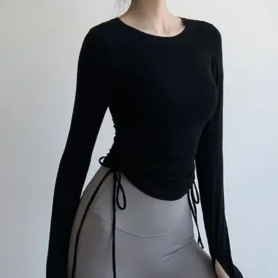 爆款LU抽绳瑜伽服女简约瑜伽长袖运动上衣透气户外跑步气质健身衣 - 7