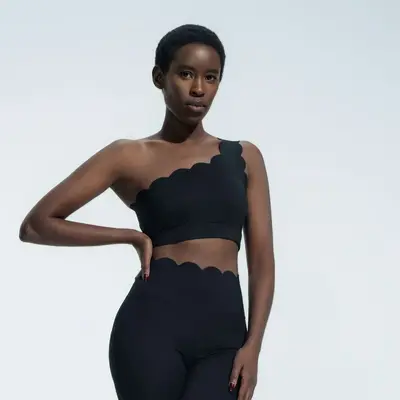 Single-Shoulder Ruffle Open-Back Yoga Set with Removable Cup Sports Bra - 7
