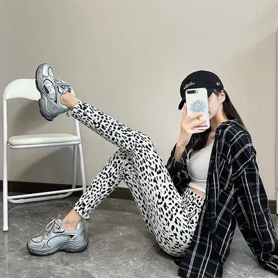 Women's Leopard Print Nine-Point Leggings, High Waist, Thin Summer - 2