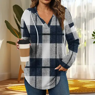 Kapuzenpullover mit V-Ausschnitt, Kordelzug, Karo, Langarm, Modell 5919 - 7