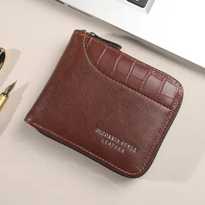Men's Short Three-Fold Wallet with Zipper Coin Compartment, Retro Buckle - 12