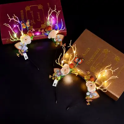 New Shiny Deer Antler Headband Flash Headband Flower Fairy Horn Headband Christmas Party Night Market Wholesale