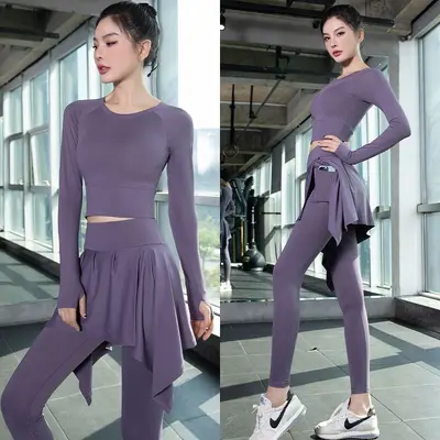 Yoga spor seti kadın, iç göğüs pedli, tek parça, uzun kollu