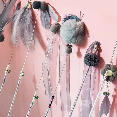 Feather Wire Cat Teaser Wand with Fur Ball and Bell, Long Pole - 3