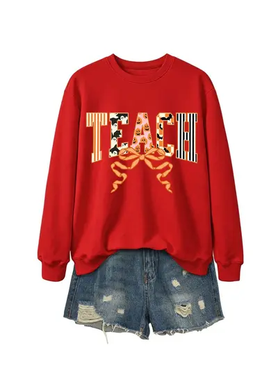 Damen-Sweatshirt mit Geister-Kürbis, vertikalen Streifen und Schleife - 7