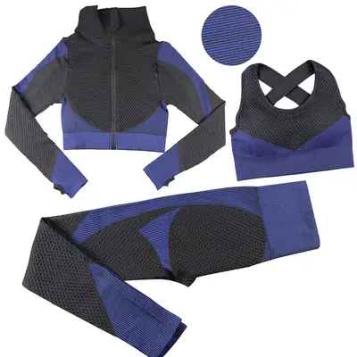 Women's Seamless Zipper Yoga Set, Three-Piece, Long Sleeve, Autumn Winter - 8