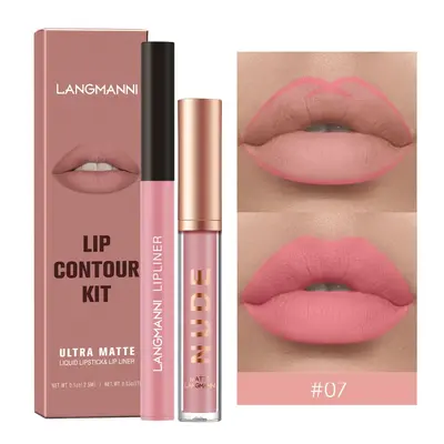 Langmanni 1+1 Matte Lip Gloss and Lip Liner Set, 2 Pieces, Non-Transfer - 12
