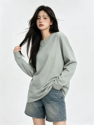 Long Sleeve Women's T-Shirt, White 100% Cotton, Round Neck, Loose Fit - 10