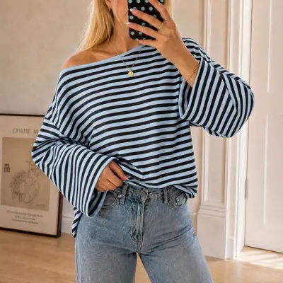 Women's Round Neck Striped Color-Block Long Sleeve T-Shirt