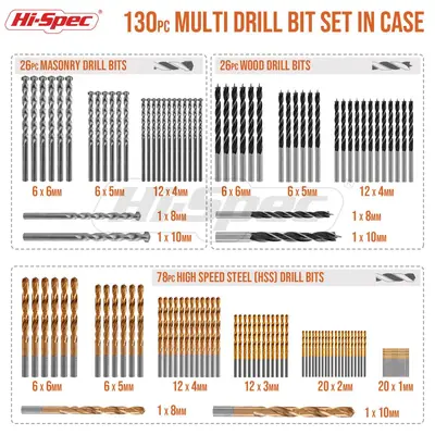 Hi-Spec 130 Piece Drill Bit Set with Twist and Masonry Bits