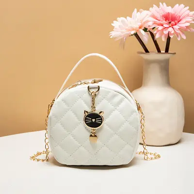 Diamond Quilted Mini Chain Women's Handbag, Small Round Bag - 7