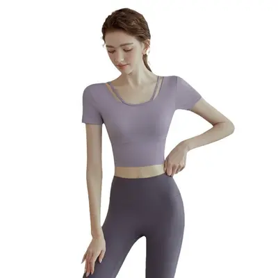 Kadın yoga kıyafeti takımı, düz renk kısa kollu, pilates ve fitness için - 6