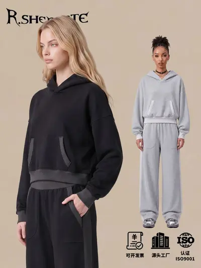 Kadın Renk Bloklu Pamuklu Kapüşonlu Sweatshirt ve Eşofman Takımı, Boxy Kesim - 4