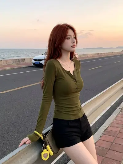 Хаки Spicy Girl Style New Полуводолазка однобортный приталенный базовый лонгслив Женская футболка с длинным рукавом Женский топ для нижнего слоя одежды